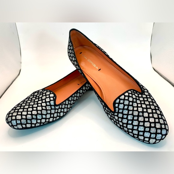 Via Spiga Shoes - Via Spiga Edina Ballet Flats - Black w/ Silver Sparkle - 7.5M